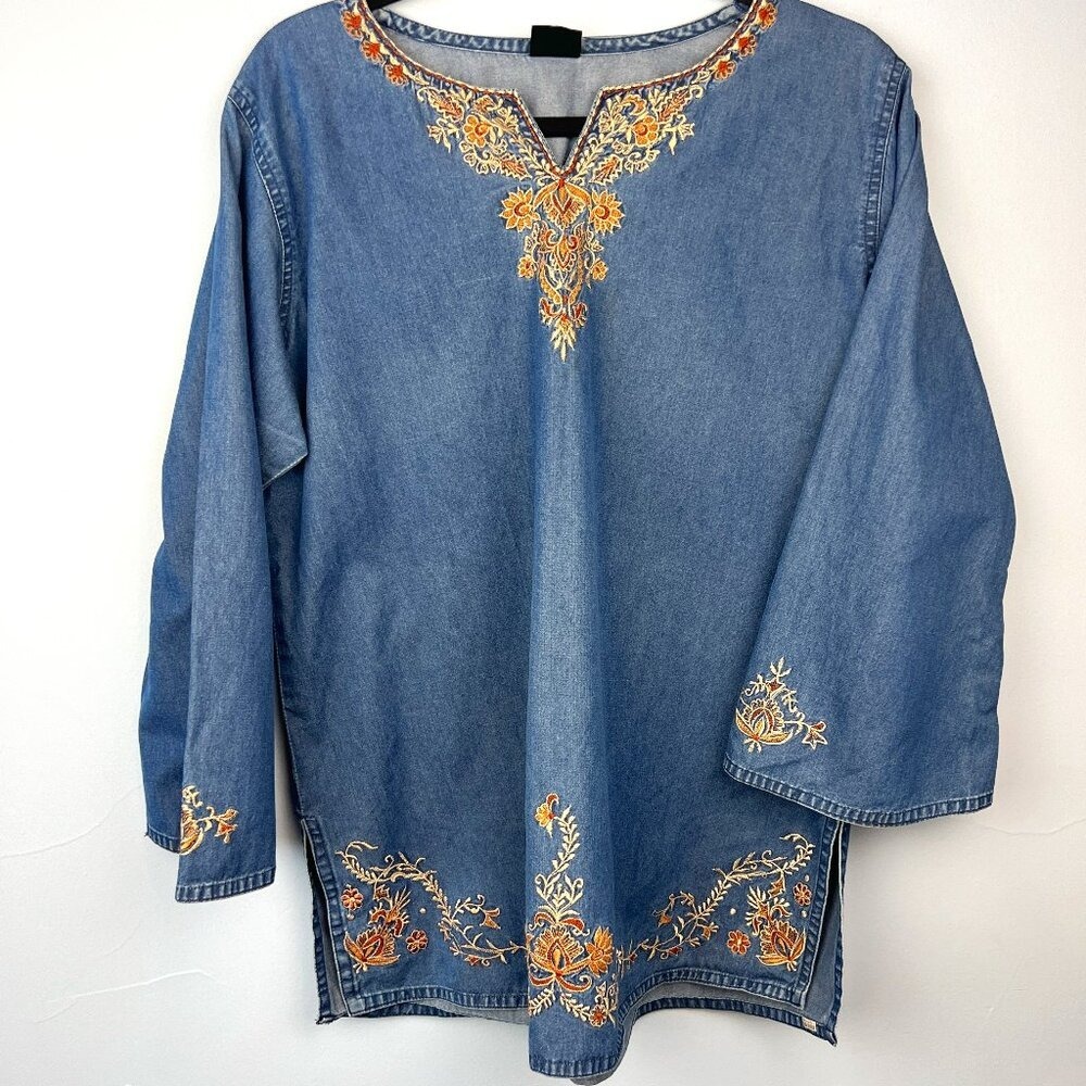 Zola Earthly Fashions Embroidered Denim Tunic Top Size XXL Boho Peasant Hippy